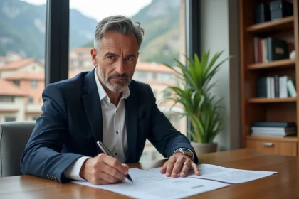 Homme consultant des documents immobiliers dans un bureau notarial moderne avec vue sur les montagnes d'Andorre
