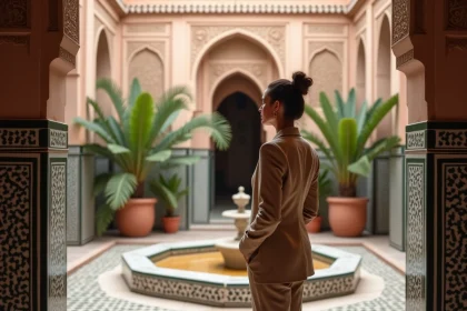 Femme professionnelle visitant un riad traditionnel à Marrakech lors d'une visite immobilière, avec architecture marocaine authentique en arrière-plan