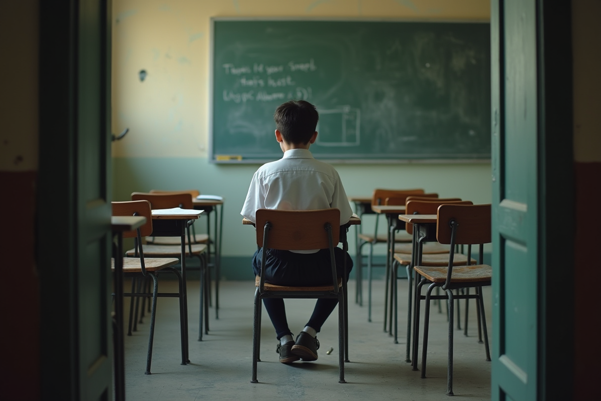 Adolescent en uniforme dans une classe ancienne
