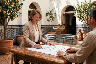 Agente immobilière locale présentant des plans d'un riad à vendre à Marrakech dans une cour intérieure traditionnelle avec fontaine en zellige