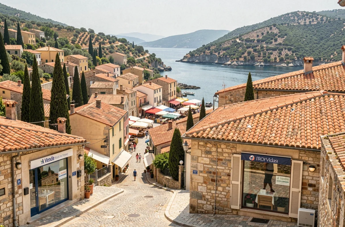 Vue panoramique d'une ville côtière de Haute-Corse avec des agences immobilières dans le centre historique
