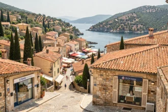 Vue panoramique d'une ville côtière de Haute-Corse avec des agences immobilières dans le centre historique