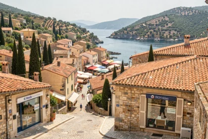 Vue panoramique d'une ville côtière de Haute-Corse avec des agences immobilières dans le centre historique