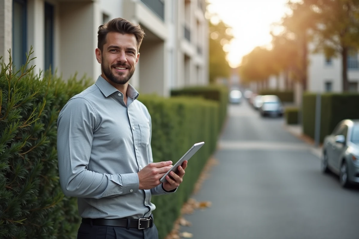 Agent immobilier IAD consultant une application de gestion de biens devant une maison à vendre en résidentiel