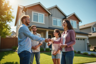 Agent immobilier remettant les clés à une famille devant une maison moderne