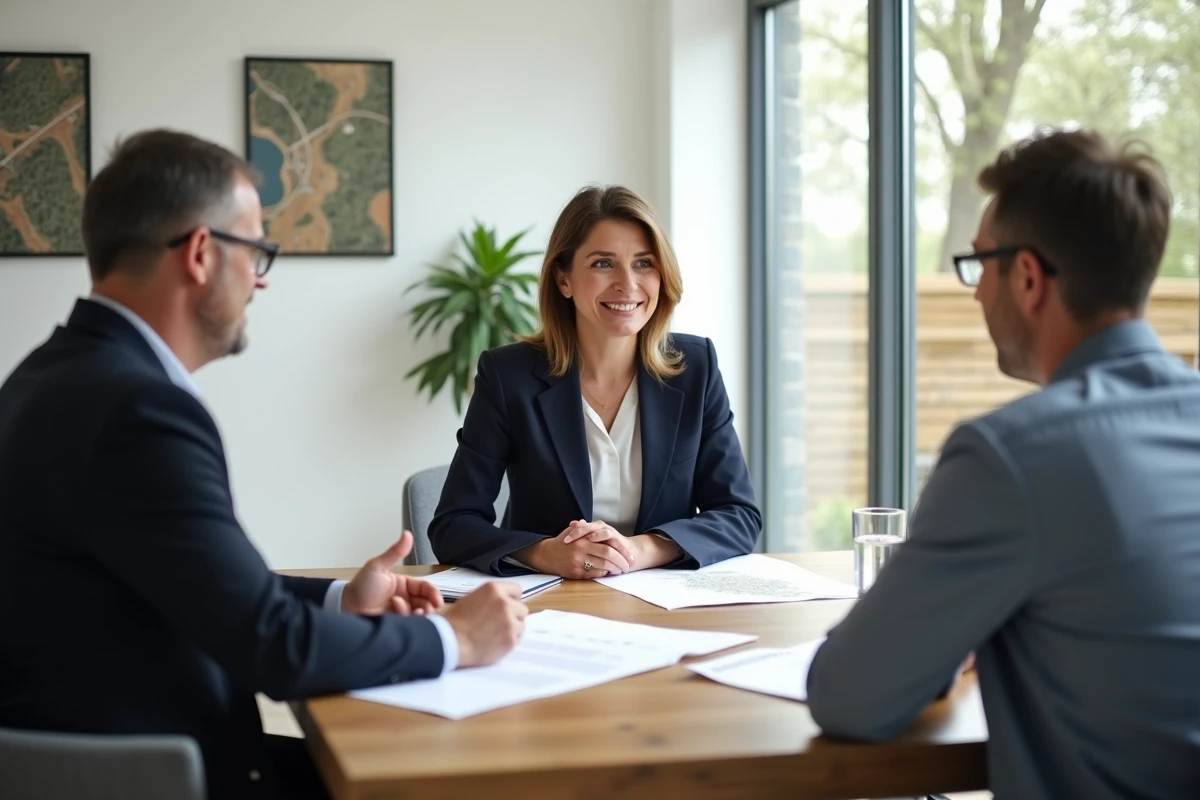 Agent immobilier présentant un contrat de cession de parcelle à un couple dans un bureau de vente de PRL en Vendée
