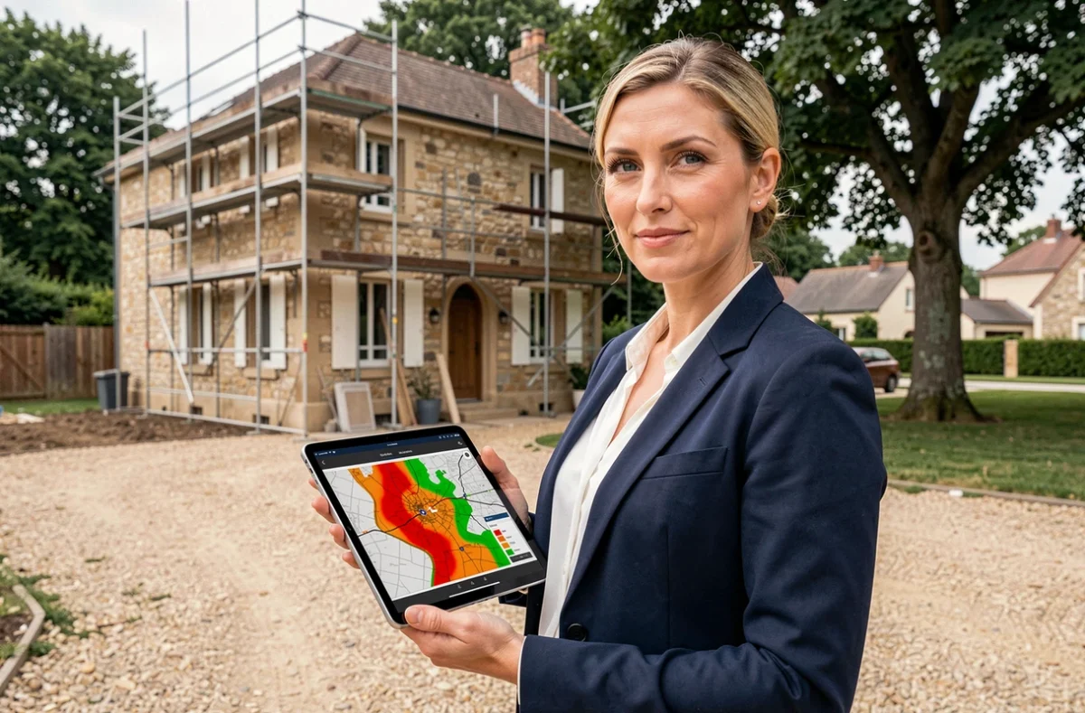 Agent immobilière consultant la plateforme ERRIAL géorisque sur tablette devant une maison en rénovation