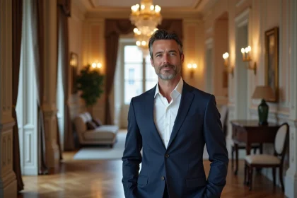 Agent immobilier de luxe dans un appartement haussmannien parisien illustrant les services Kretz Family Real Estate