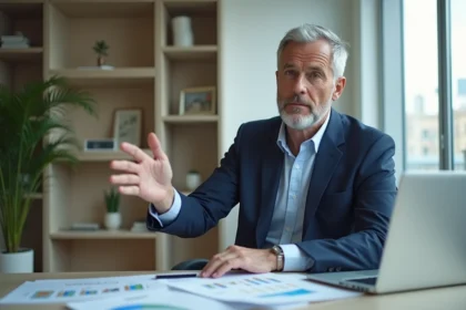 Agent immobilier confiant dans son bureau avec documents