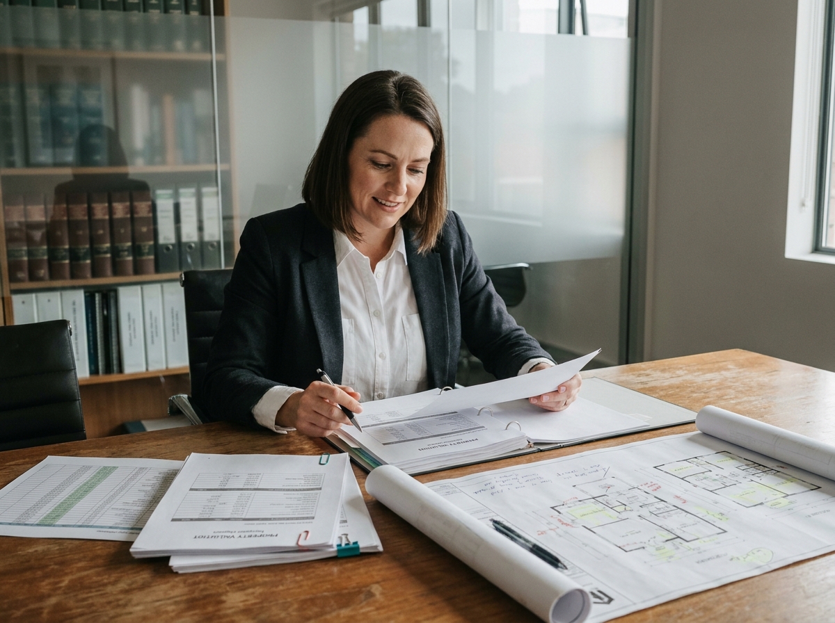 Analyste financière travaillant sur des rapports d'évaluation immobilière d'actifs professionnels en salle de réunion