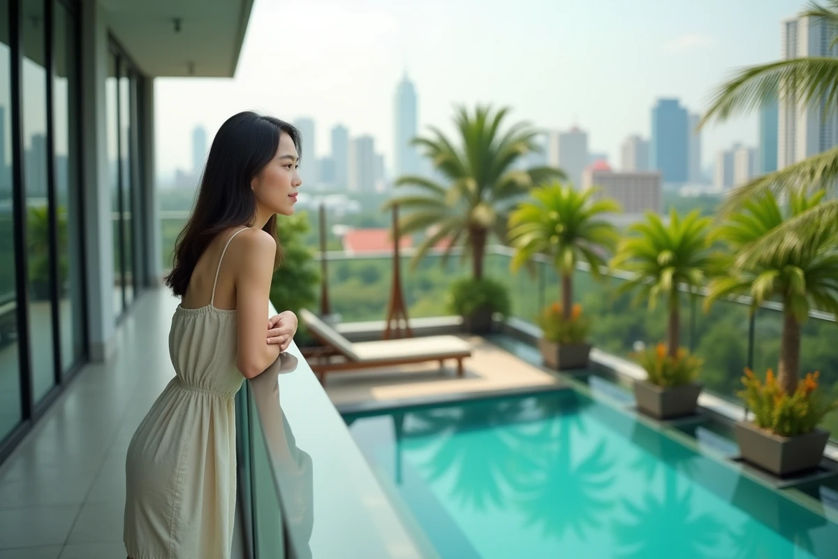 Femme sur le balcon d'un appartement en Thaïlande avec vue sur piscine et skyline de Bangkok