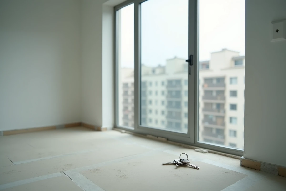 Appartement vide avec des clés posées sur le rebord de la fenêtre, symbolisant les promesses non tenues d'une société de gestion immobilière