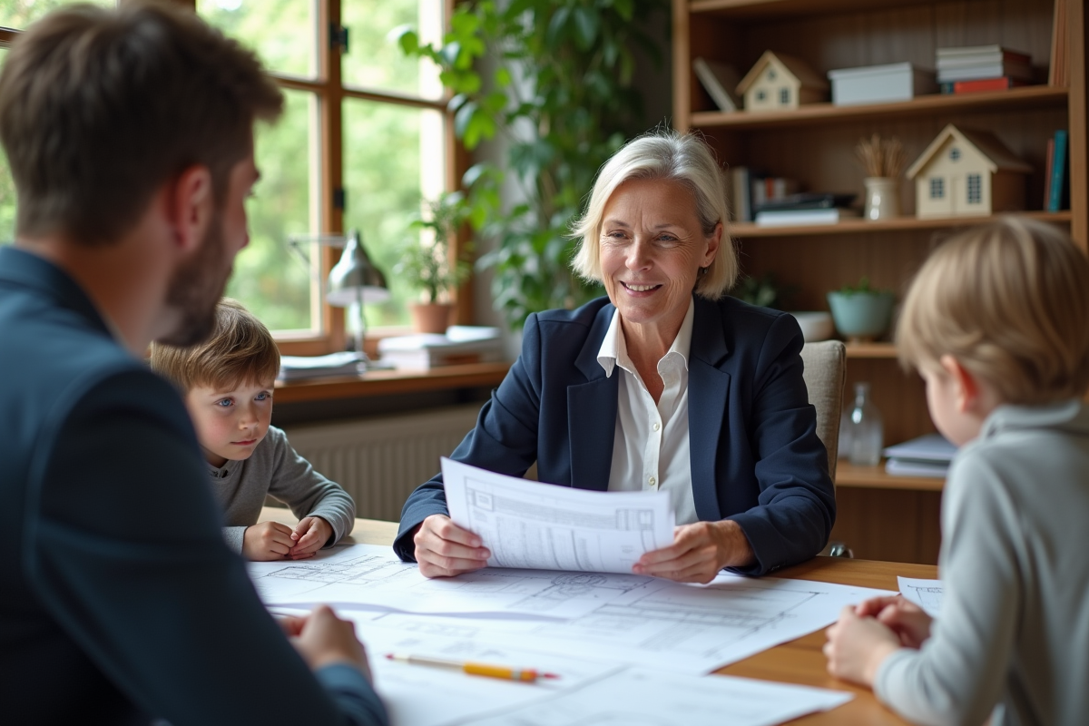 Architecte expliquant des documents à une famille dans un bureau lumineux