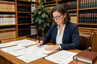 Avocate préparant les pièces justificatives pour un référé préventif dans un bureau juridique