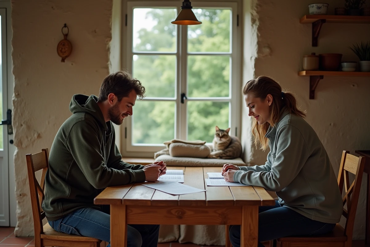 Couple examinant un contrat de location avec leur chat dans une ferme normande en Seine-Maritime