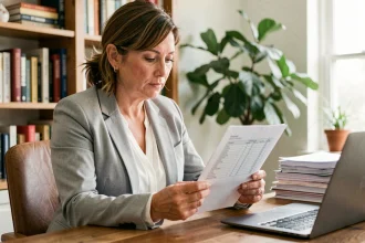 Propriétaire bailleur en train de remplir un formulaire APL à son bureau à domicile