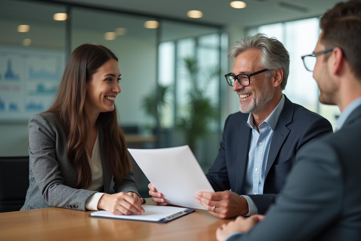 Conseiller bancaire souriant remettant un dossier de prêt immobilier