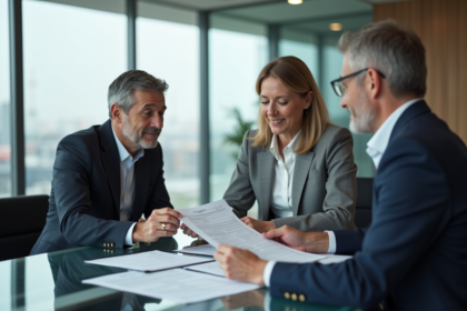 Couple d'affaires avec banquier dans une banque moderne