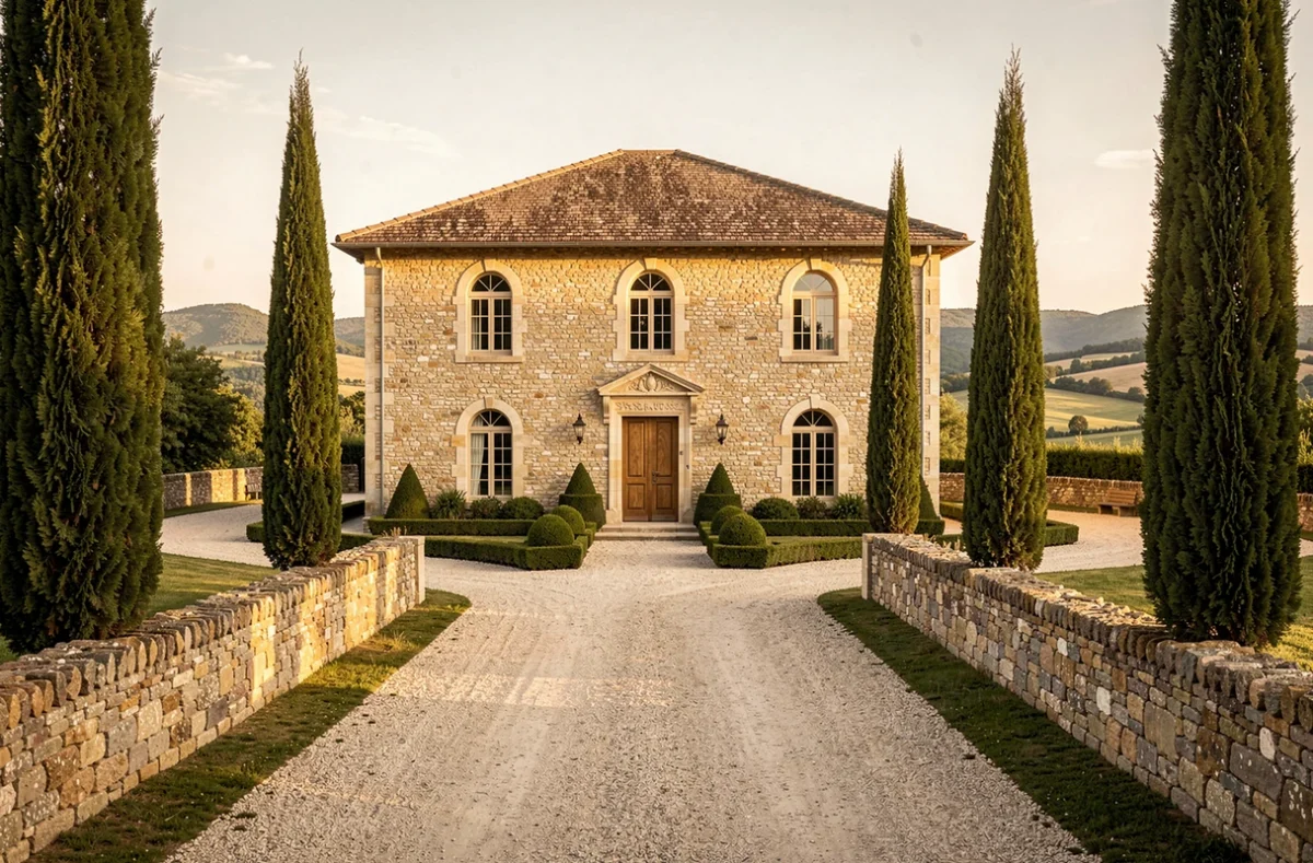 Maison de style bastide construite par Bastéa Construction en Aveyron avec façade en pierre et allée de cyprès
