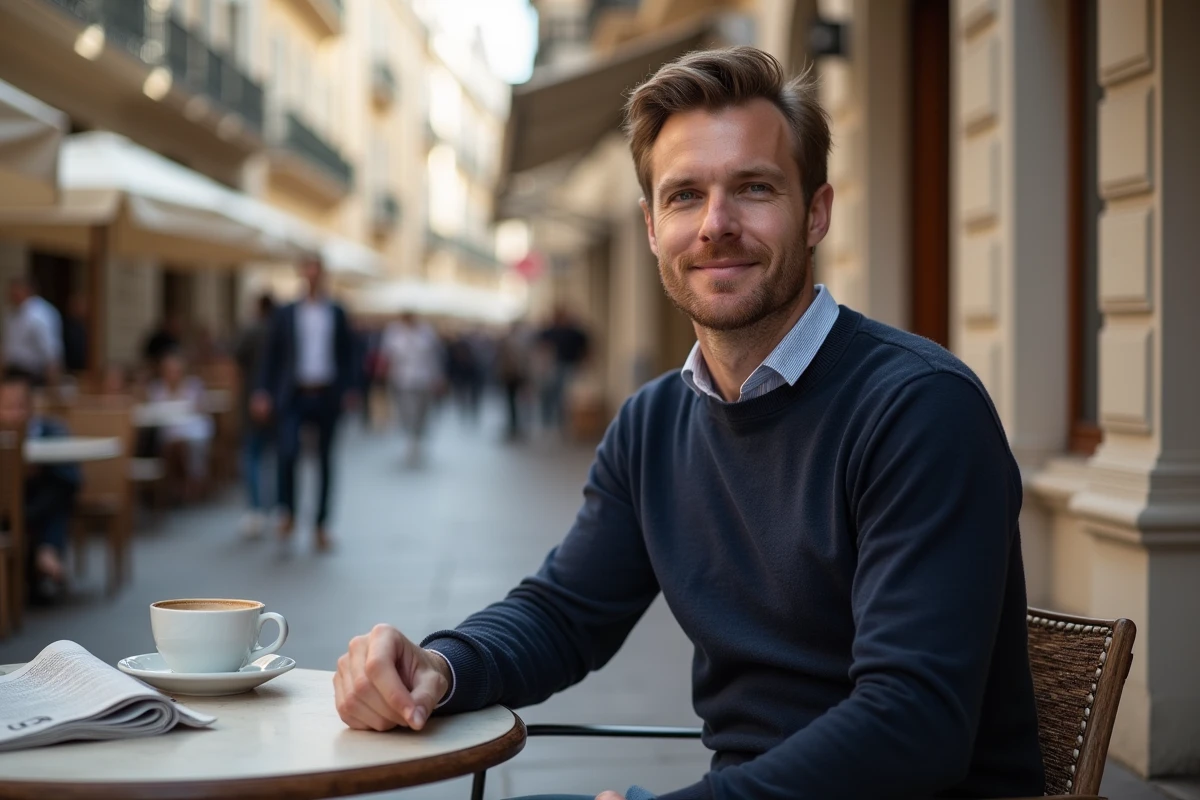 Homme élégant attablé en terrasse dans un café chic du Vieux-Port de Marseille, architecture provençale et ambiance bourgeoise