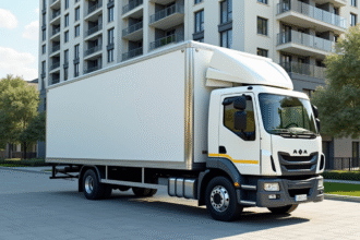 Camion de déménagement de 20m3 devant un immeuble moderne