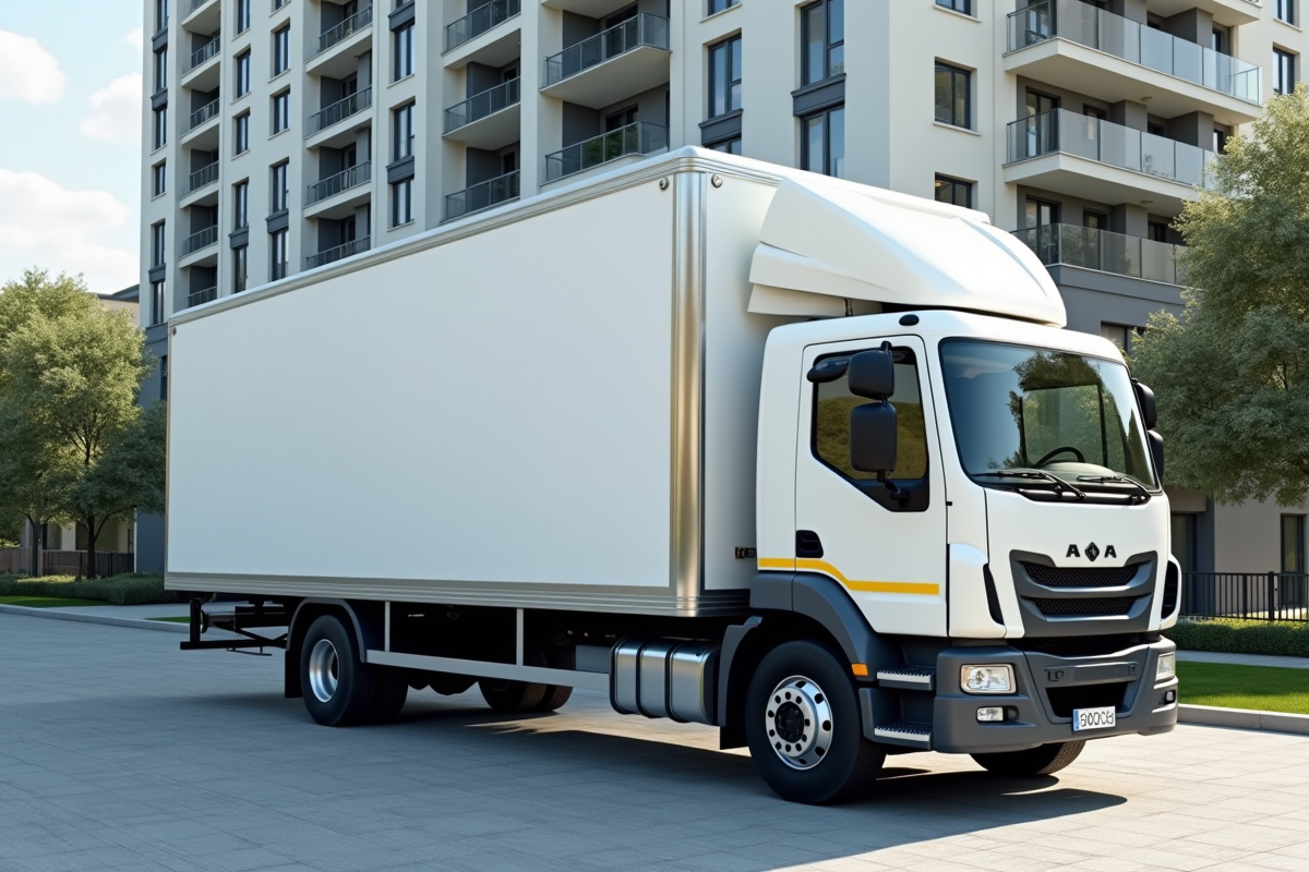 Camion de déménagement de 20m3 devant un immeuble moderne