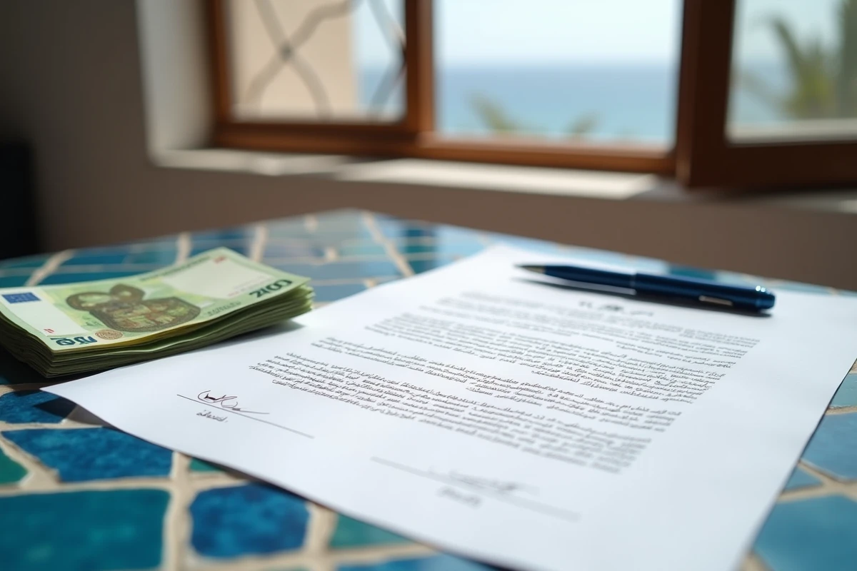 Caution et signature de contrat de location sur une table en zellige dans un appartement d'Essaouira