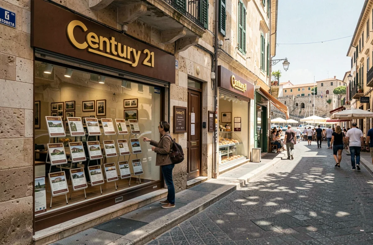 Vitrine de l'agence Century 21 à Bastia avec des annonces immobilières affichées sur la devanture