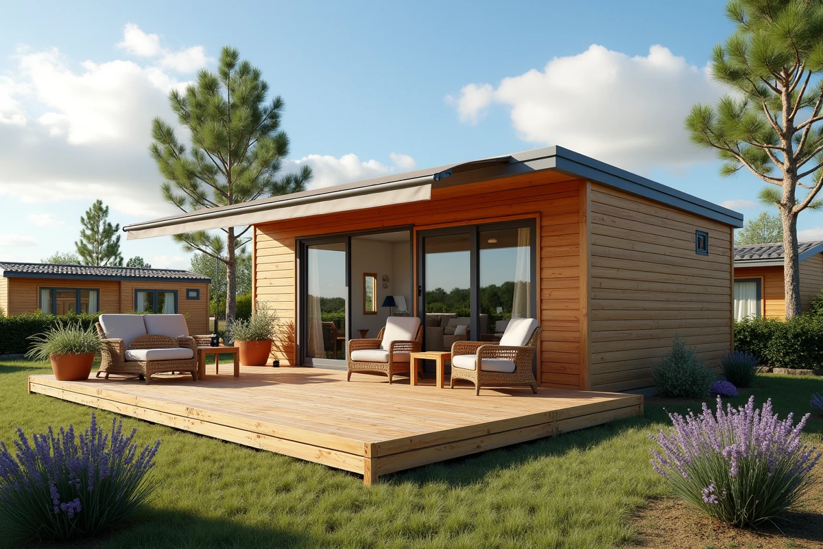 Chalet moderne sur une parcelle cédée dans un parc résidentiel de loisirs en Vendée avec terrasse en bois
