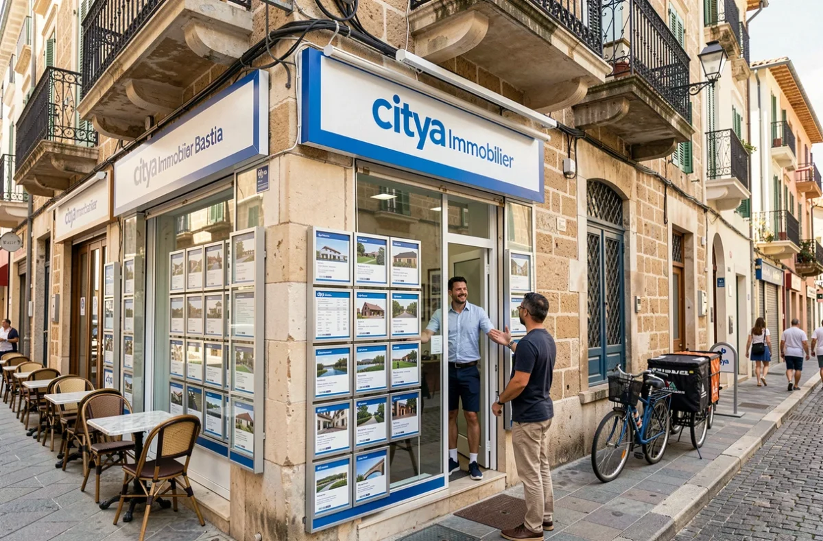 Devanture de l'agence Citya Immobilier à Bastia avec affichage des annonces et agent à l'entrée