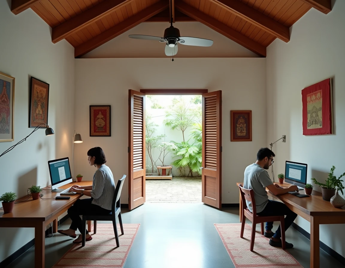 Espace de co-living dans une maison rénovée en Thaïlande aménagé pour le télétravail avec deux nomades numériques