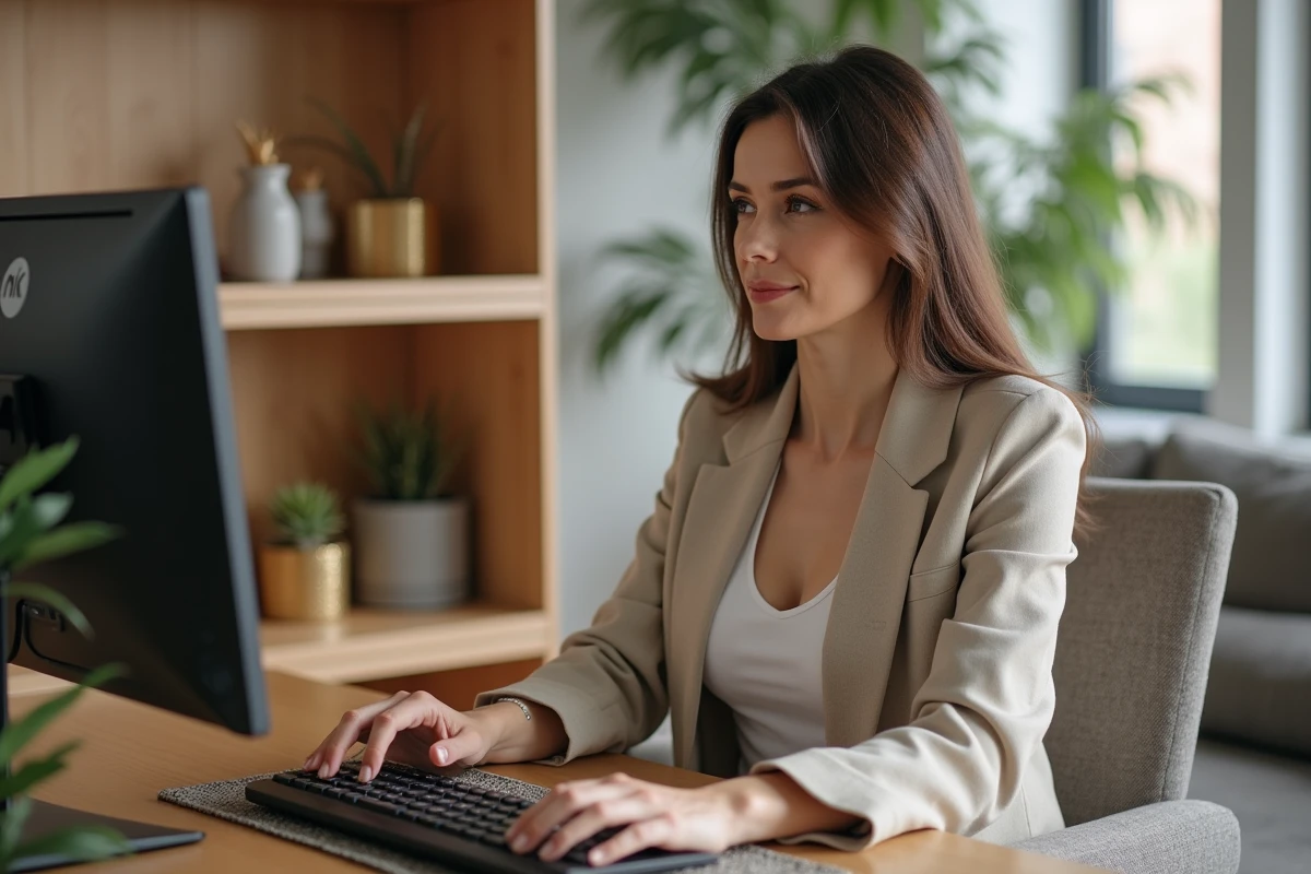 Femme en télétravail dans un coin bureau aménagé dans un studio de 35m² avec séparation par bibliothèque ouverte