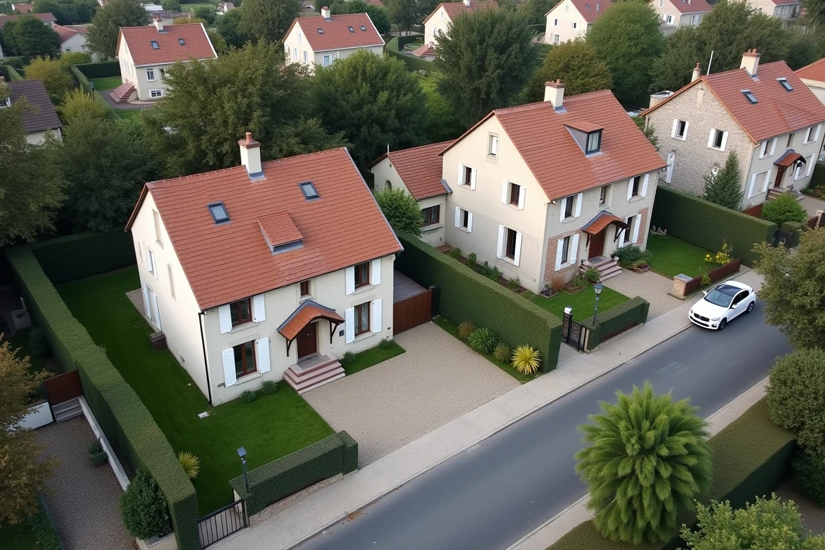 Vue aérienne comparant une maison familiale traditionnelle et une villa d'architecte contemporaine dans un quartier résidentiel français