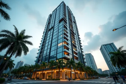 Tour de condominium moderne en verre et acier à Bangkok avec palmiers tropicaux en 2026