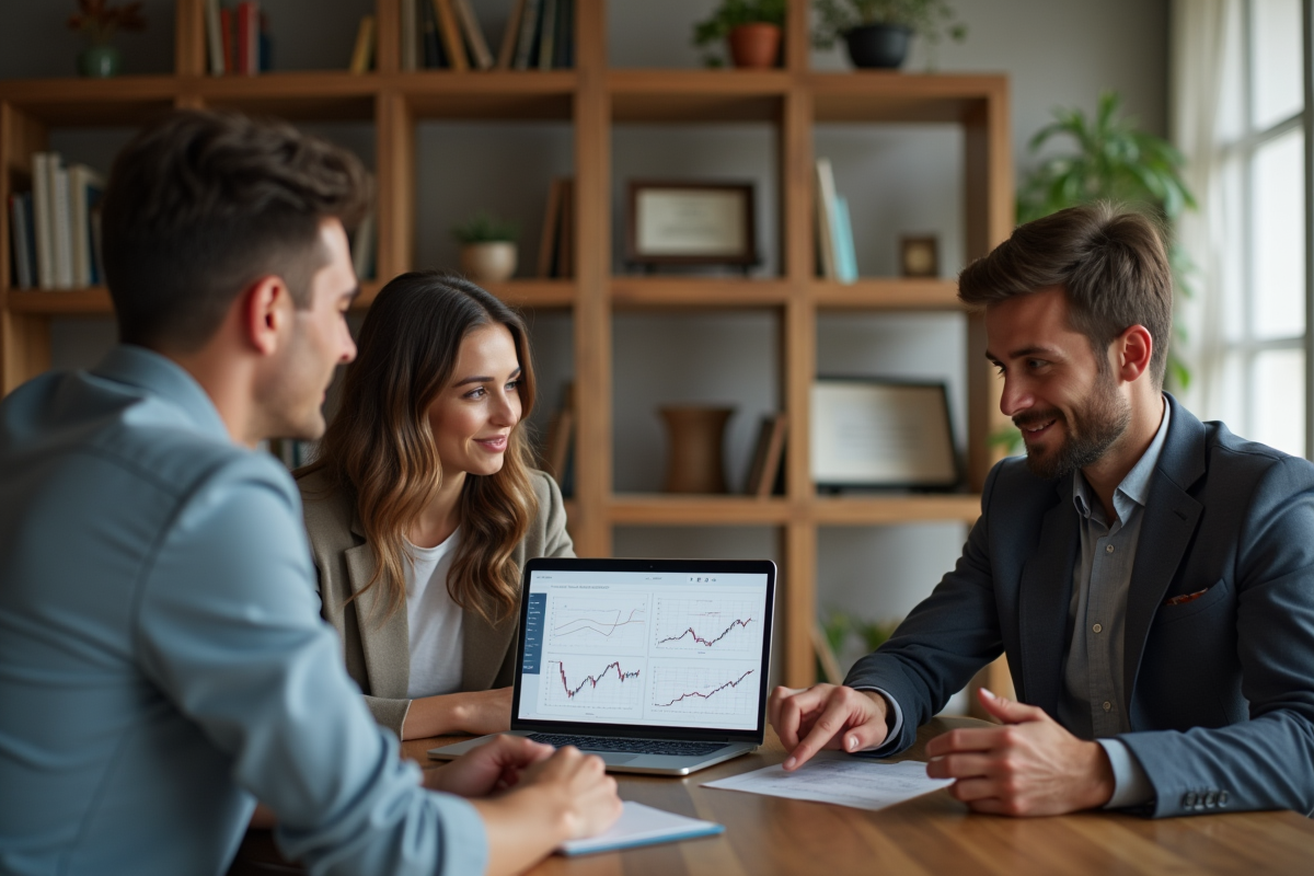 Jeune couple écoutant conseiller financier avec graphiques