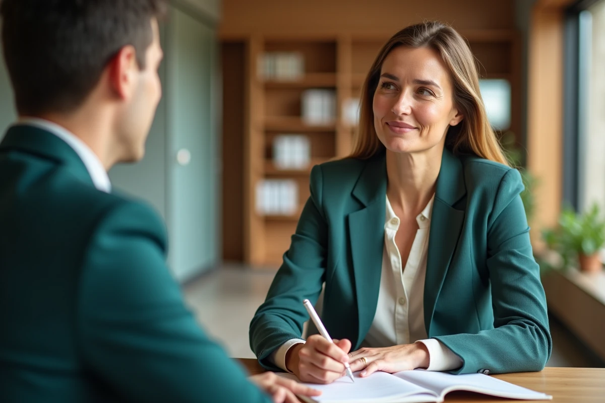 Conseillère en reconversion professionnelle écoutant attentivement son accompagnatrice lors d'une séance de coaching en bureau moderne