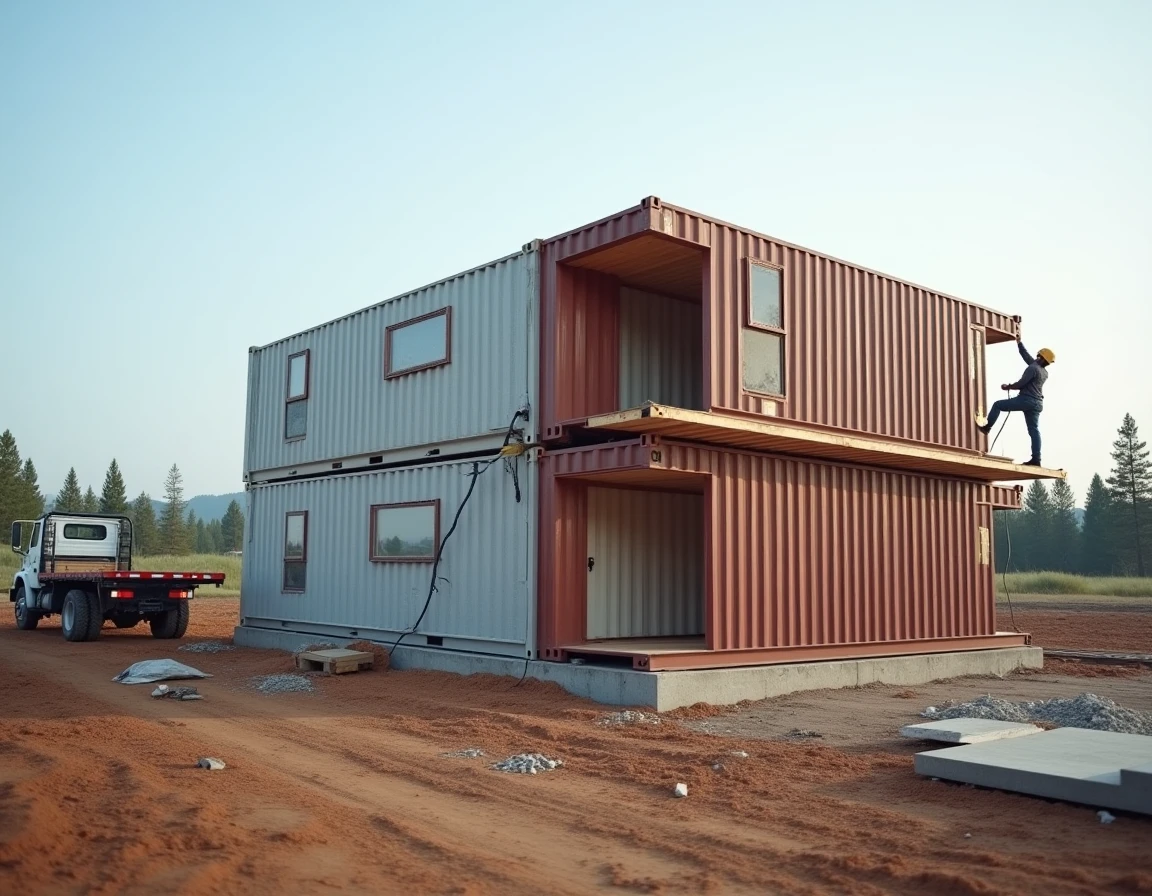 Chantier de construction d'une maison container avec isolation thermique haute performance en cours de pose
