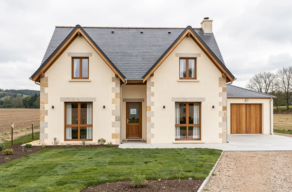 Maison individuelle robuste construite par Constructions Vigouroux en Aveyron avec pierres d'angle et toiture classique