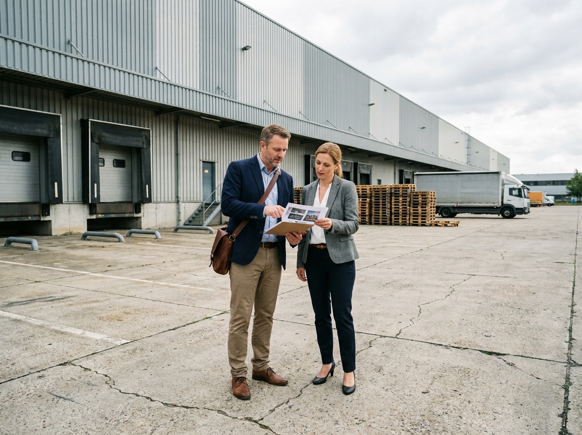 Deux consultants immobiliers évaluant un entrepôt industriel professionnel lors d'une visite de site