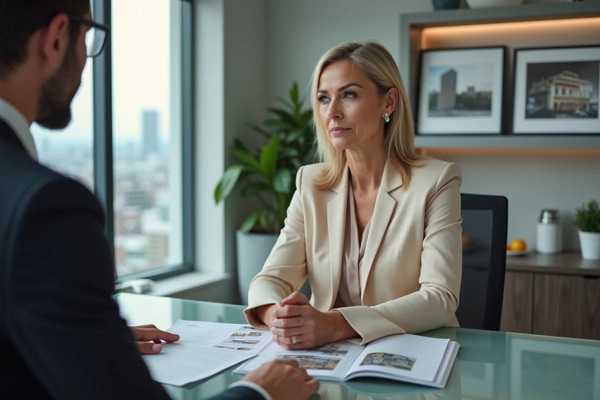 Cliente en consultation avec un agent Kretz Family Real Estate dans une agence immobilière moderne, illustrant avis et retours d'expérience