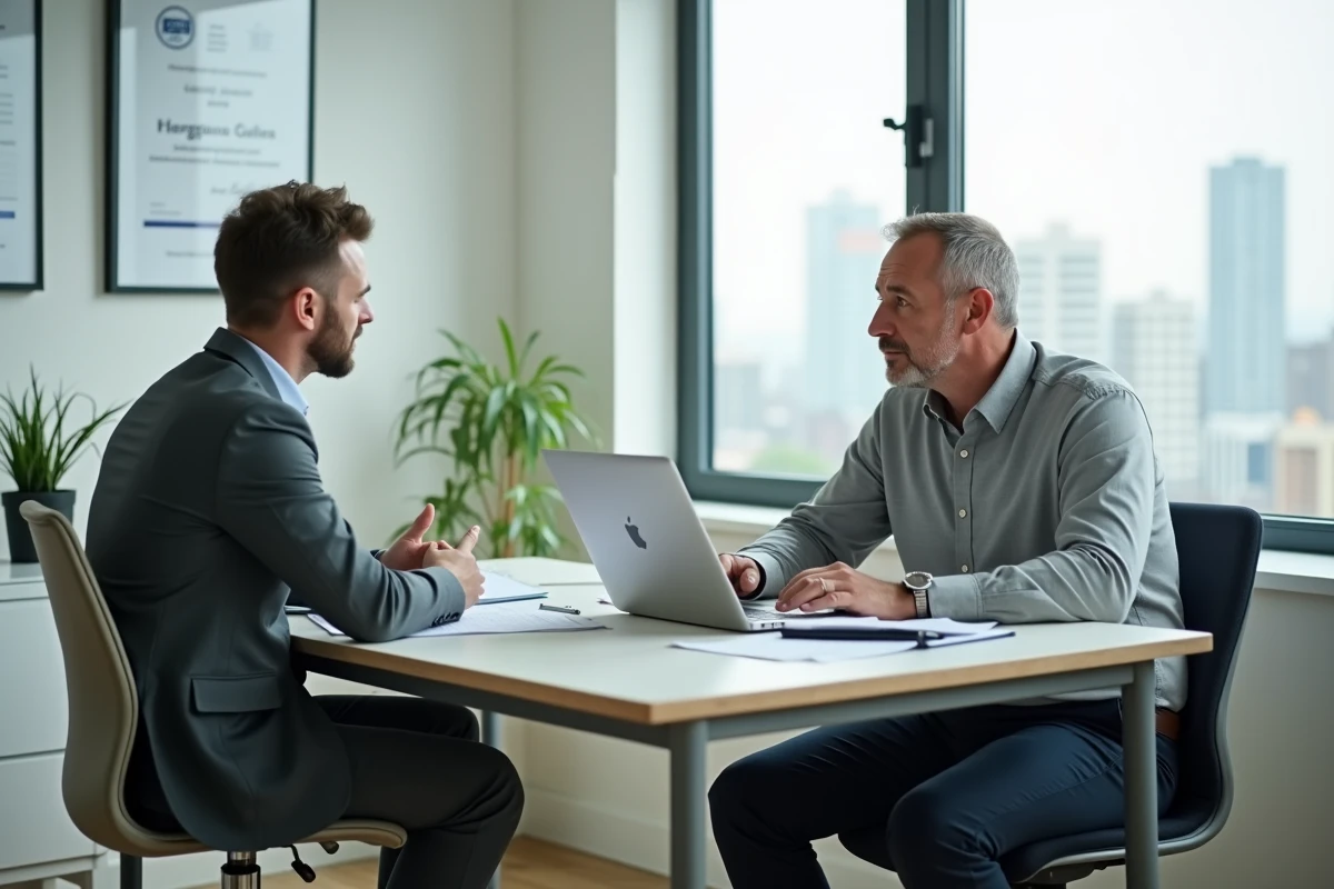 Un homme discute avec un conseiller immobilier dans un bureau professionnel, représentant une consultation sur les services d'une société de logement
