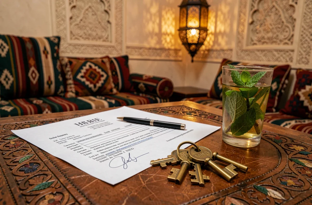 Contrat de vente d'un riad à Marrakech avec clés en laiton et verre de thé à la menthe sur un bureau en bois sculpté