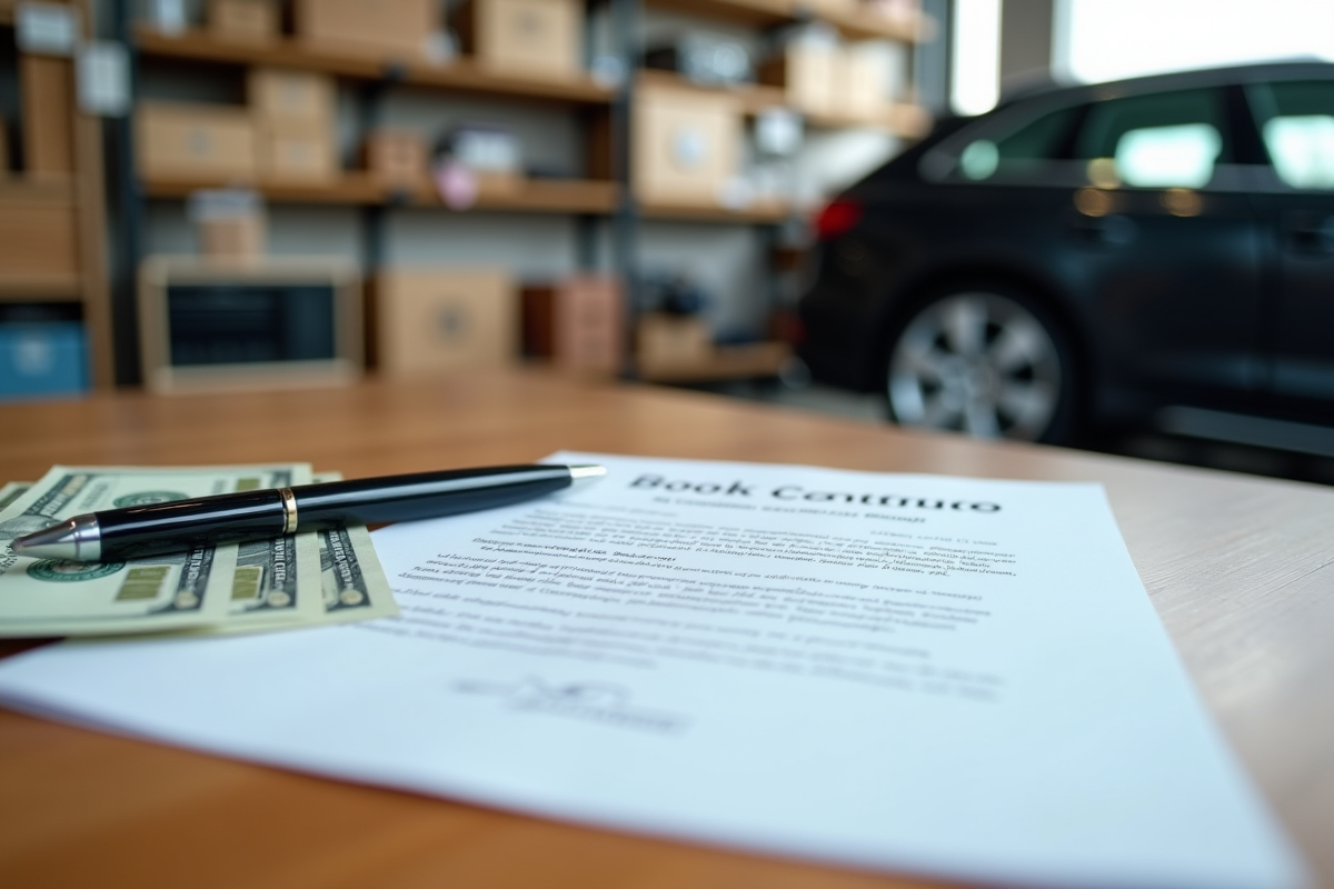 Contrat avec stylo et argent sur une table en bois dans un garage organisé