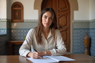 Locataire marocaine relisant un contrat de location longue durée dans un riad traditionnel d'Essaouira
