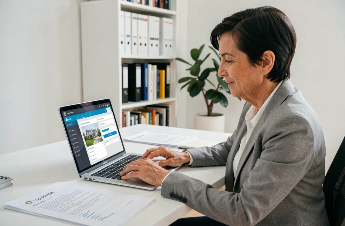 Copropriétaire utilisant un logiciel de syndic en ligne sur ordinateur portable dans un bureau à domicile