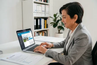 Copropriétaire utilisant un logiciel de syndic en ligne sur ordinateur portable dans un bureau à domicile