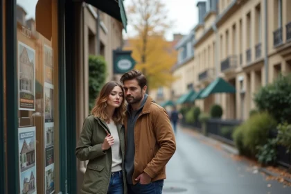 Couple hésitant devant une agence immobilière en Île-de-France, comparant des annonces de maisons et d'appartements