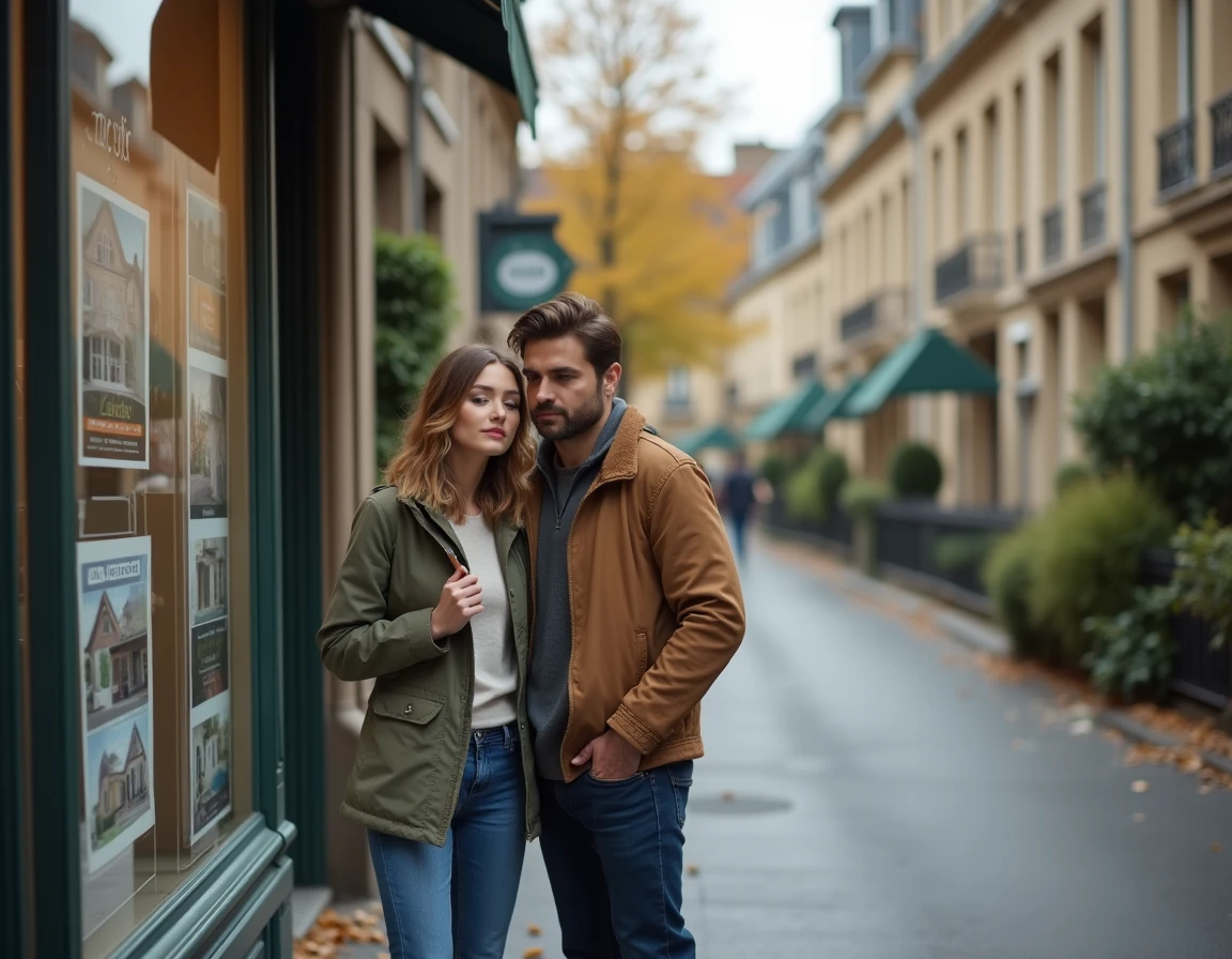 Couple hésitant devant une agence immobilière en Île-de-France, comparant des annonces de maisons et d'appartements