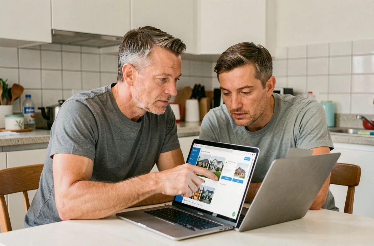 Couple consultant un site de demande de logement social sur un ordinateur portable dans leur cuisine