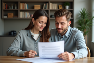 Jeune couple confiant examinant des documents de prêt immobilier